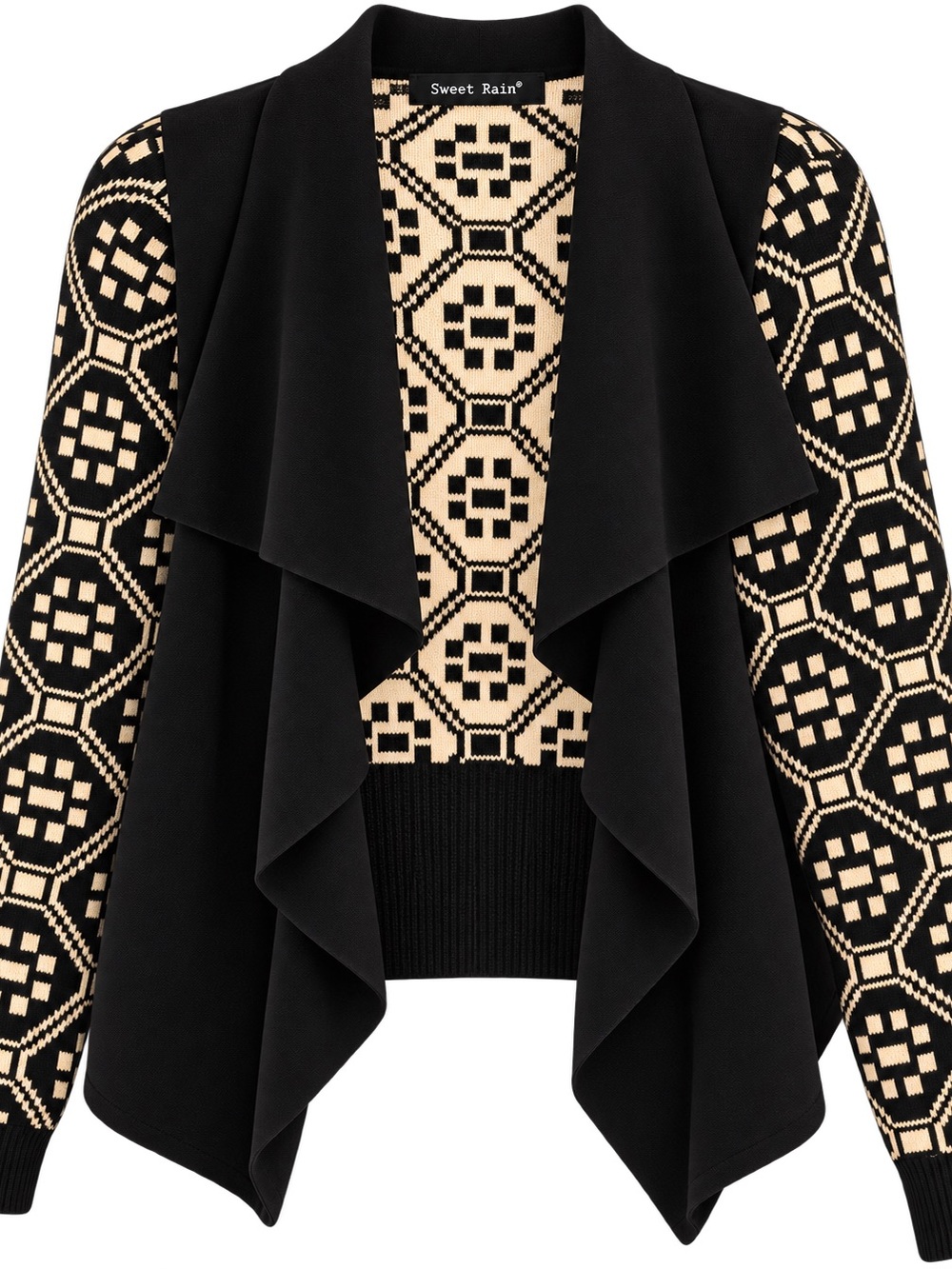 Sweet Rain Black & Cream Geometric Draped Open-Front Cardigan